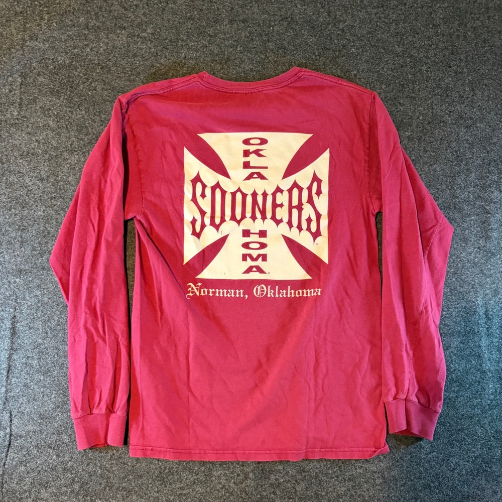 Hanes Beefy-T Oklahoma Sooners Long Sleeve Shirt Red Small Norman OK Biker Style
